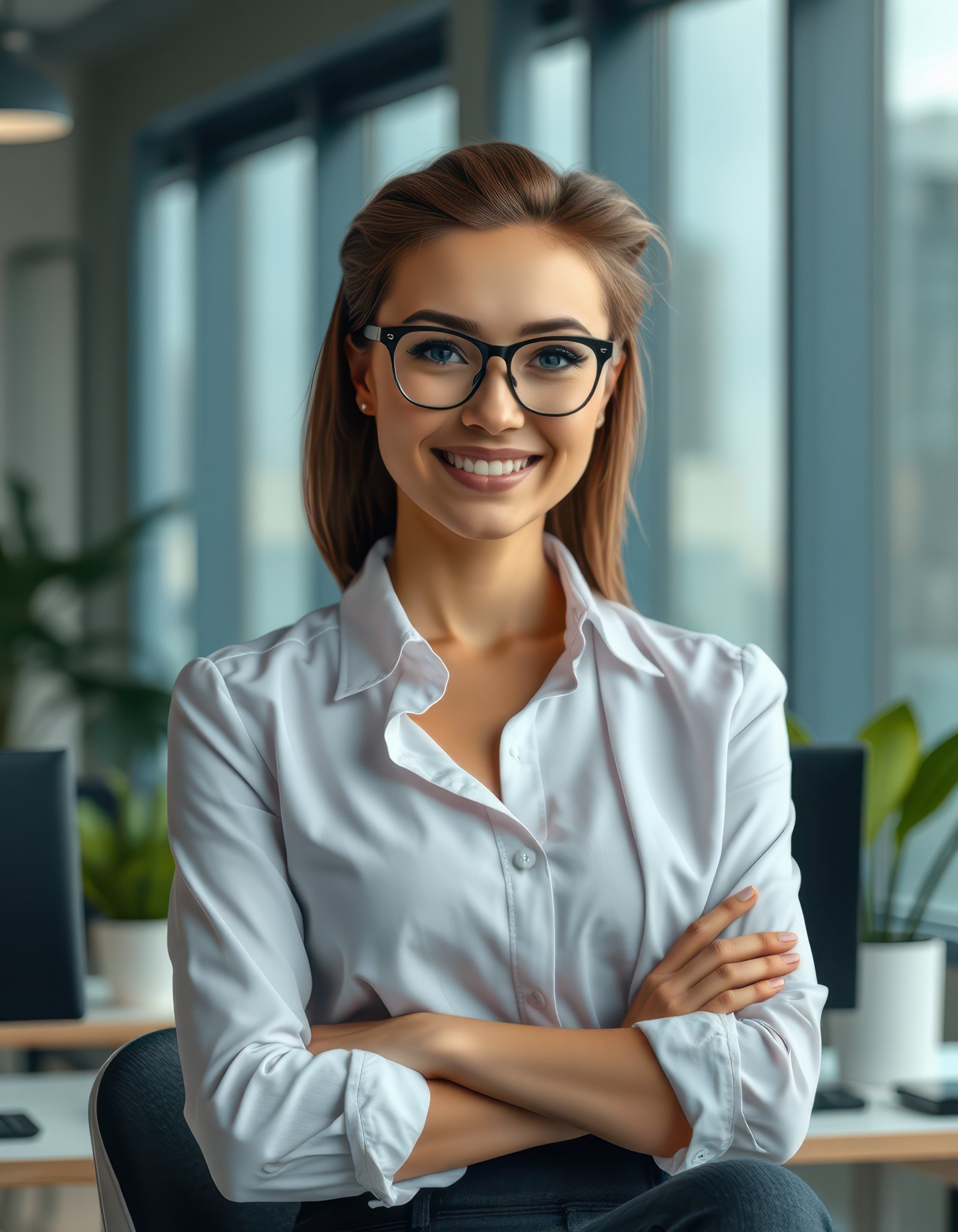 A businesswoman smiles confidently in a modern office setting